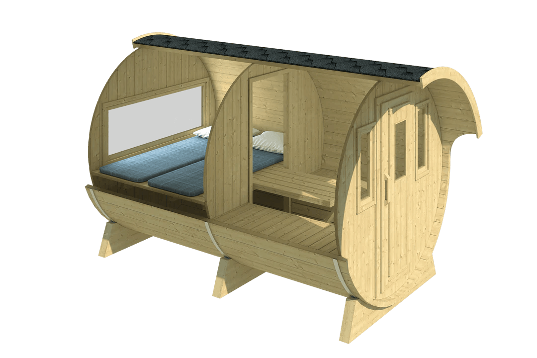 A cutaway 3D model of a wooden barrel cabin showing a dual sleeping area with windows and storage compartments, displayed on a transparent background.