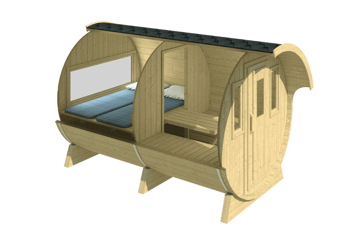 A cutaway 3D model of a wooden barrel cabin showing a dual sleeping area with windows and storage compartments, displayed on a transparent background.