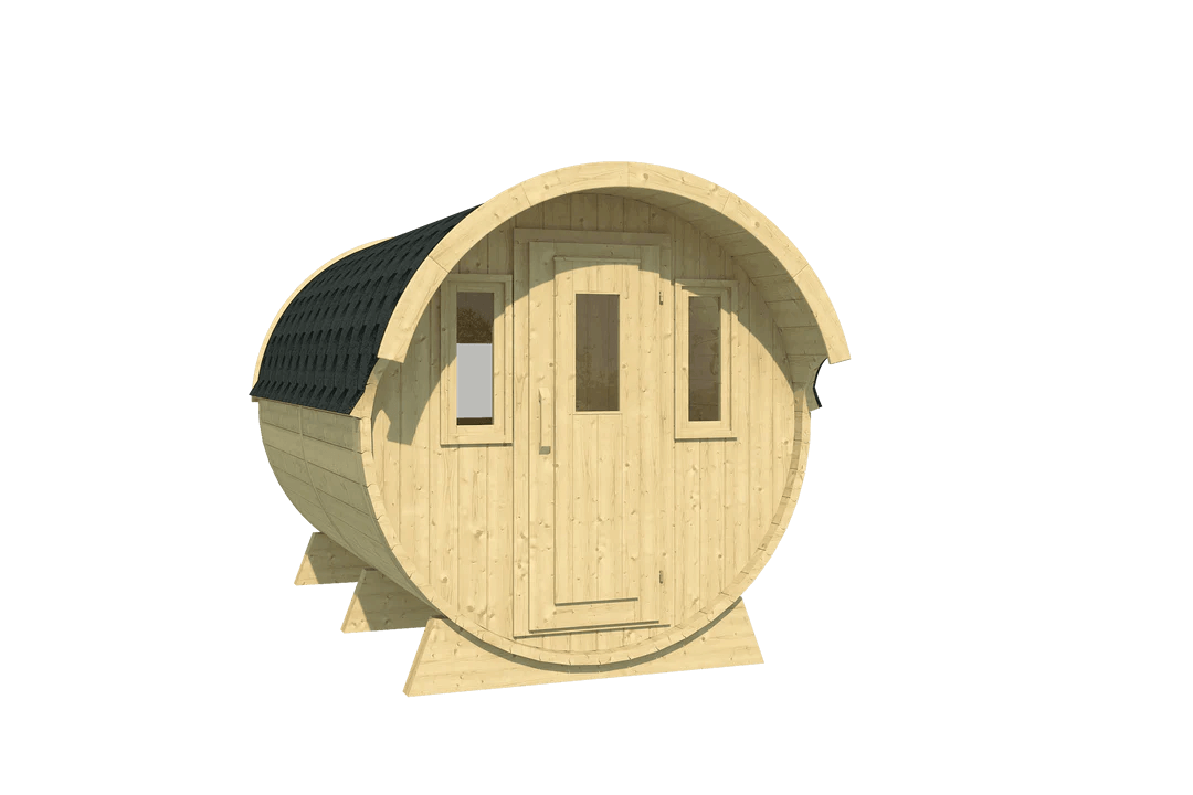A digitally rendered image of a wooden barrel camping cabin with black shingles, shown on a transparent background.