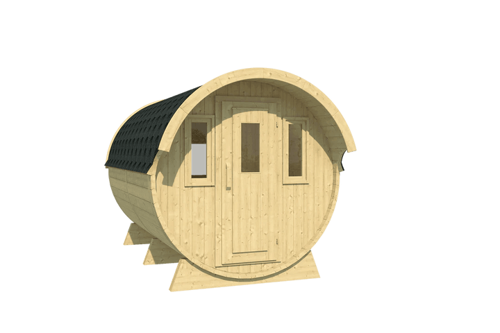 A digitally rendered image of a wooden barrel camping cabin with black shingles, shown on a transparent background.