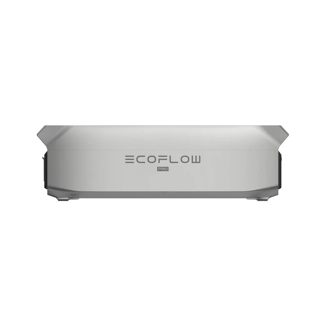 Front view of the EcoFlow DELTA Pro 3 Smart Extra Battery showing the "EcoFlow Pro" logo centered on the sleek silver casing, with plain transparent background.