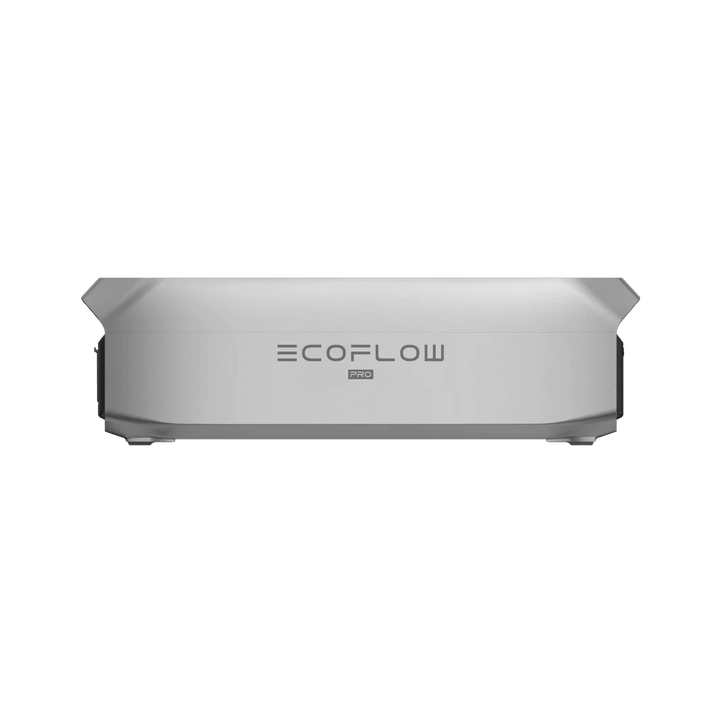 Front view of the EcoFlow DELTA Pro 3 Smart Extra Battery showing the "EcoFlow Pro" logo centered on the sleek silver casing, with plain transparent background.
