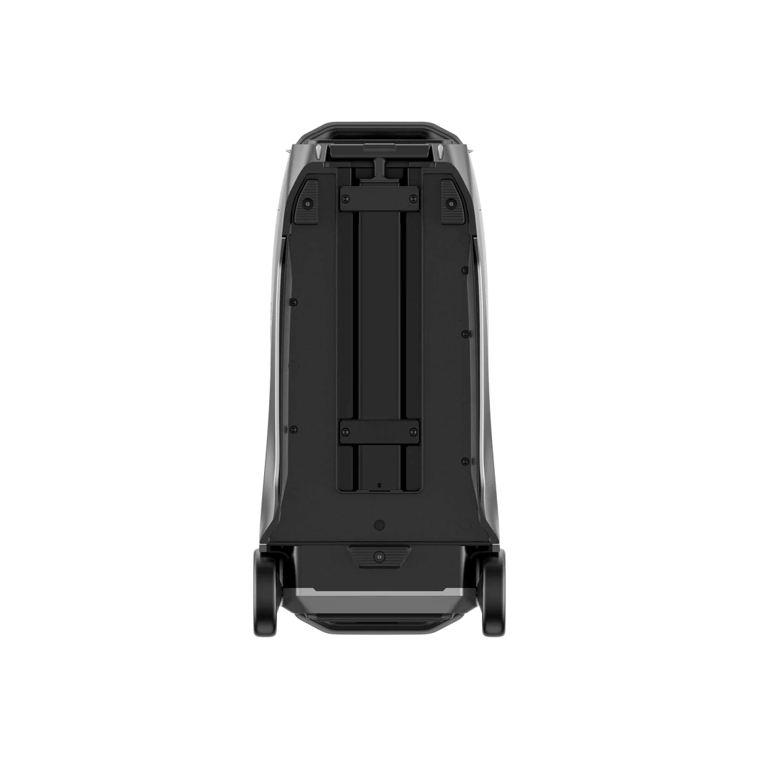 Bottom view of EcoFlow DELTA Pro 3 showing chassis and wheel structure, on a transparent  background