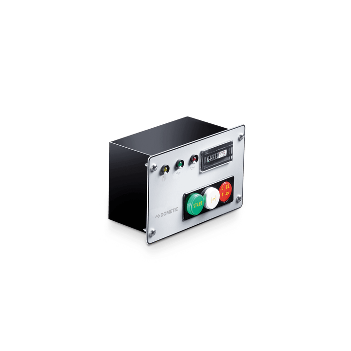 Close-up angled view of the Dometic T 2500H petrol generator control panel, featuring green START button, white indicator, red STOP button, and LED status lights on a brushed metal faceplate. Black casing with a clear plastic counter meter, with transparent background.