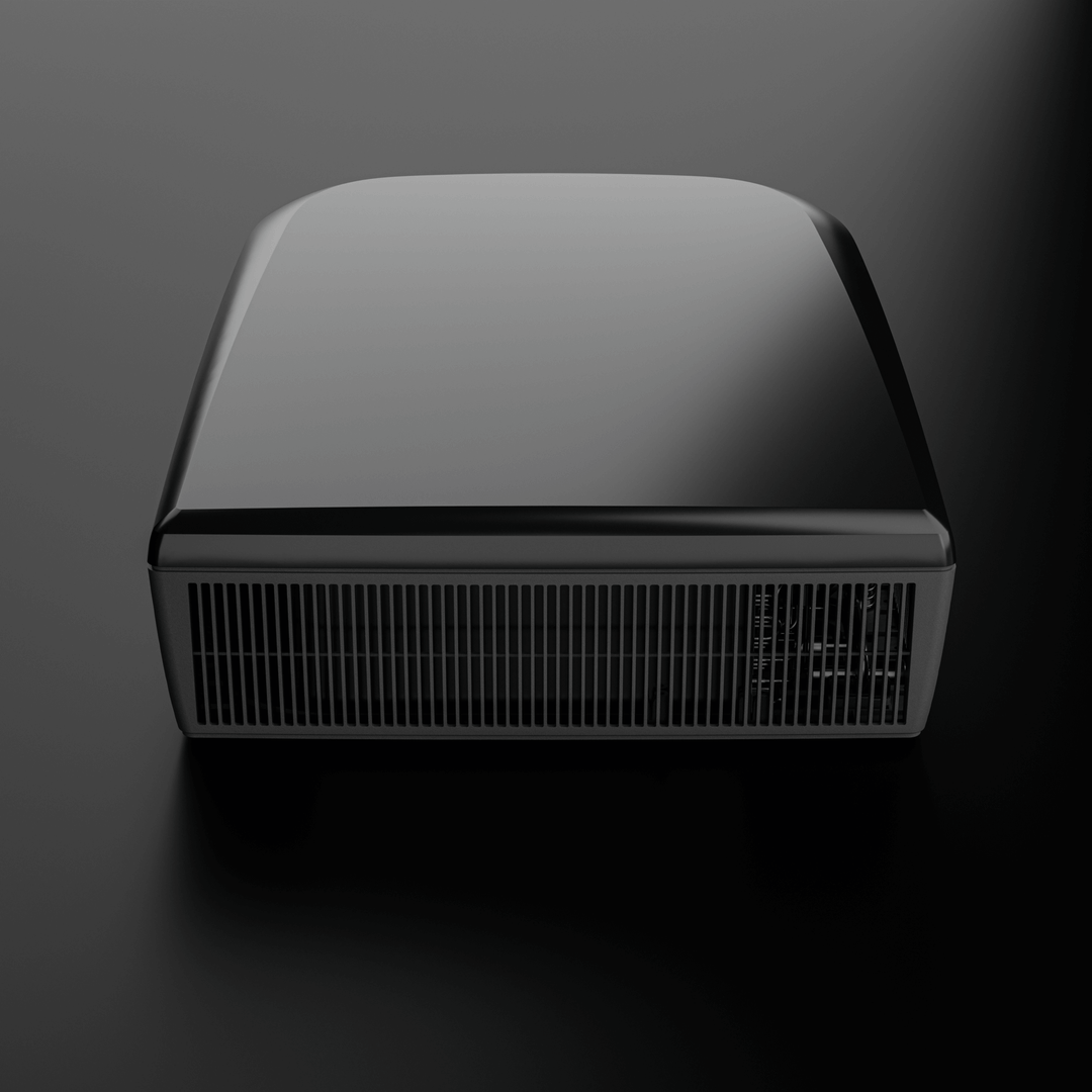 Front view of the Dometic FreshJet FJX7 3000 in black finish. The unit features a glossy curved top and horizontal air intake vents, with plain black background
