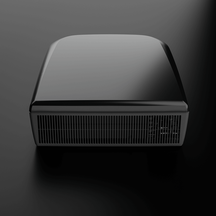 Front view of the Dometic FreshJet FJX7 3000 in black finish. The unit features a glossy curved top and horizontal air intake vents, with plain black background