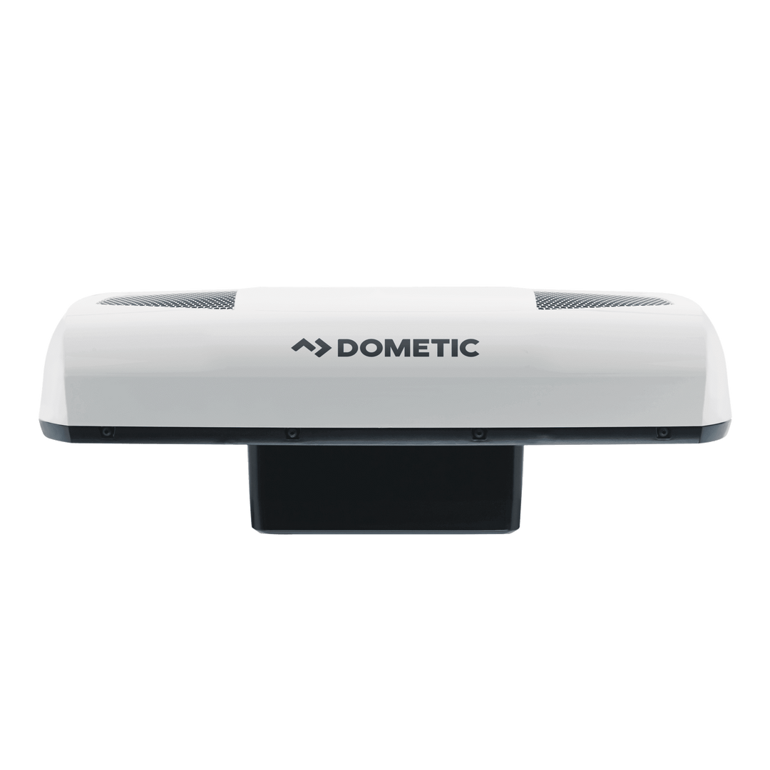 Front view of the Dometic CoolAir RTX 2000 12V  in white, showing sleek aerodynamic design with dual top air vents and the Dometic logo centered on the front panel, on a transparent background