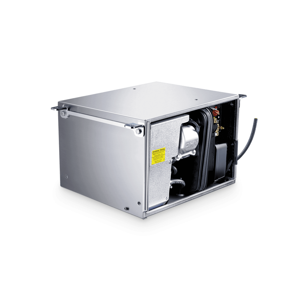 Side view of the Dometic TEC 29 Traveller Petrol Generator with its panel removed to reveal internal engine components and wiring. The metallic housing features a compact, rectangular design with visible insulation and a yellow safety label. on a transparent background.