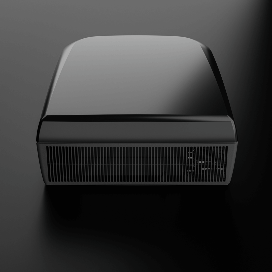 Front view of the Dometic FreshJet FJX7 3500 in sleek black finish. The compact rooftop unit features horizontal air vents and a smooth, glossy top casing, with black background.