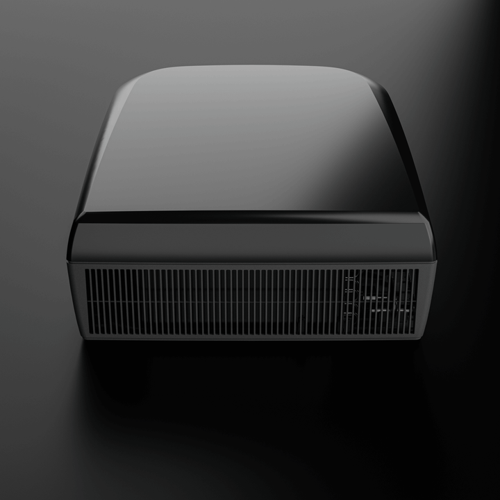 Front view of the Dometic FreshJet FJX7 3500 in sleek black finish. The compact rooftop unit features horizontal air vents and a smooth, glossy top casing, with black background.