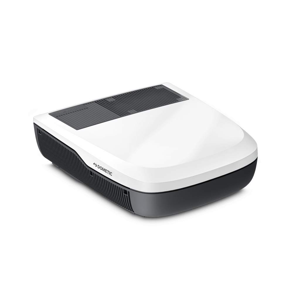 Angled view of the white Dometic FreshJet FJX4 1700 unit on a transparent background, featuring its sleek, low-profile form and side vents.
