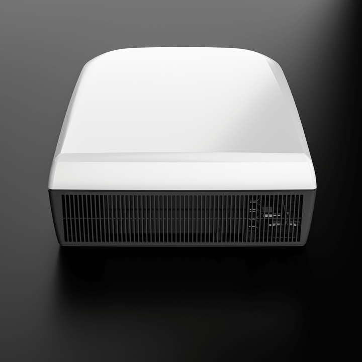 Front view of the white Dometic FreshJet FJX7 3500 rooftop unit. Glossy white finish with wide frontal air vents, clean modern aesthetic, and soft light reflections, on plain black background.