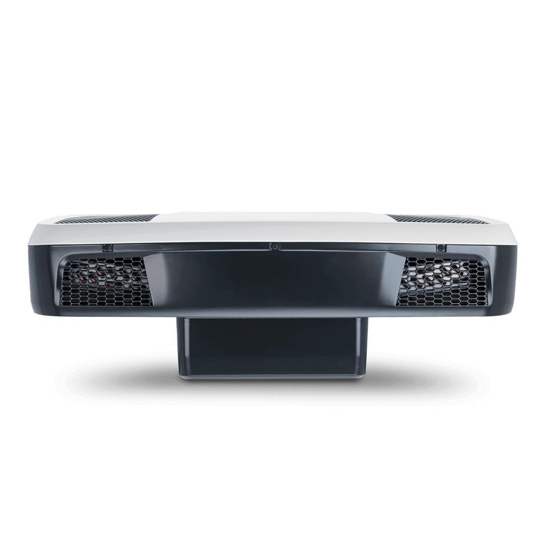Rear view of the Dometic CoolAir RTX 2000 12V air conditioning unit. Displays the dual exhaust grille sections in black with visible internal fan elements beneath the curved white casing, on a transparent background.