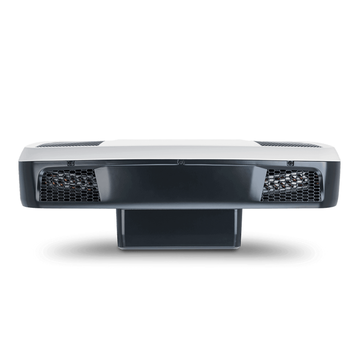 Rear view of the Dometic CoolAir RTX 2000 12V air conditioning unit. Displays the dual exhaust grille sections in black with visible internal fan elements beneath the curved white casing, on a transparent background.