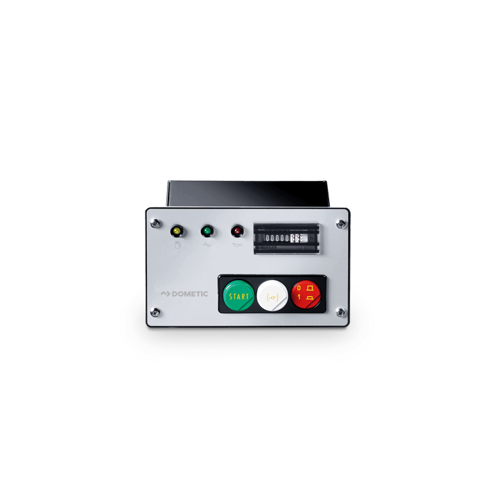 Front view of the Dometic T 2500H generator's control panel showing buttons and indicators clearly. START, alarm, and STOP buttons with a digital hour counter and indicator lights. Mounted on a metallic surface with DOMETIC branding, with transparent background.