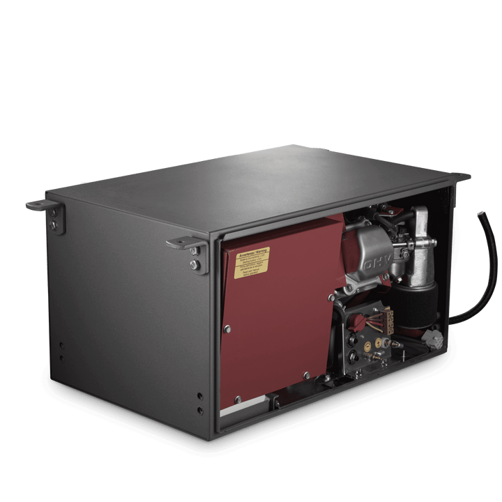 Rear side of the Dometic T 2500H petrol generator showing internal components with the service panel open. Visible engine components include OHV motor, wiring, and fuel system parts in red and silver. Matte gray casing with open back, on a transparent background.