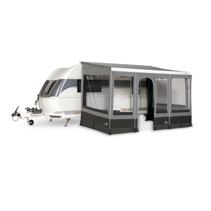 Dorema Contour fitted to a white touring caravan, with grey window panels, a side entrance, and a spacious enclosed living area on a white background.