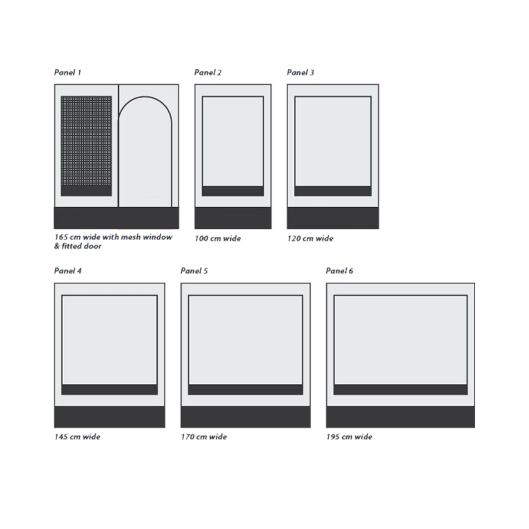 Dorema Contour Caravan Awning Panels showing six panel designs in different widths, including mesh windows and fitted doors, on a black background.