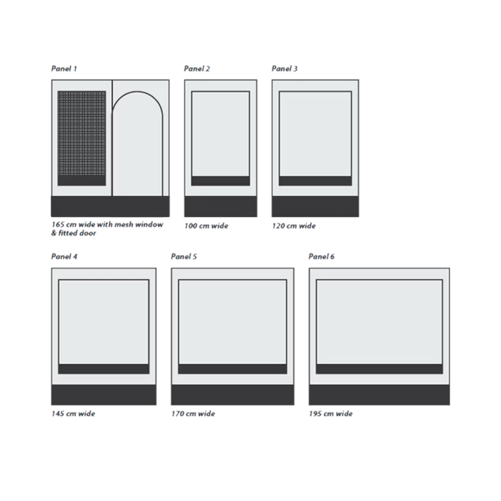 Dorema Contour Caravan Awning Panels showing six panel designs in different widths, including mesh windows and fitted doors, on a black background.