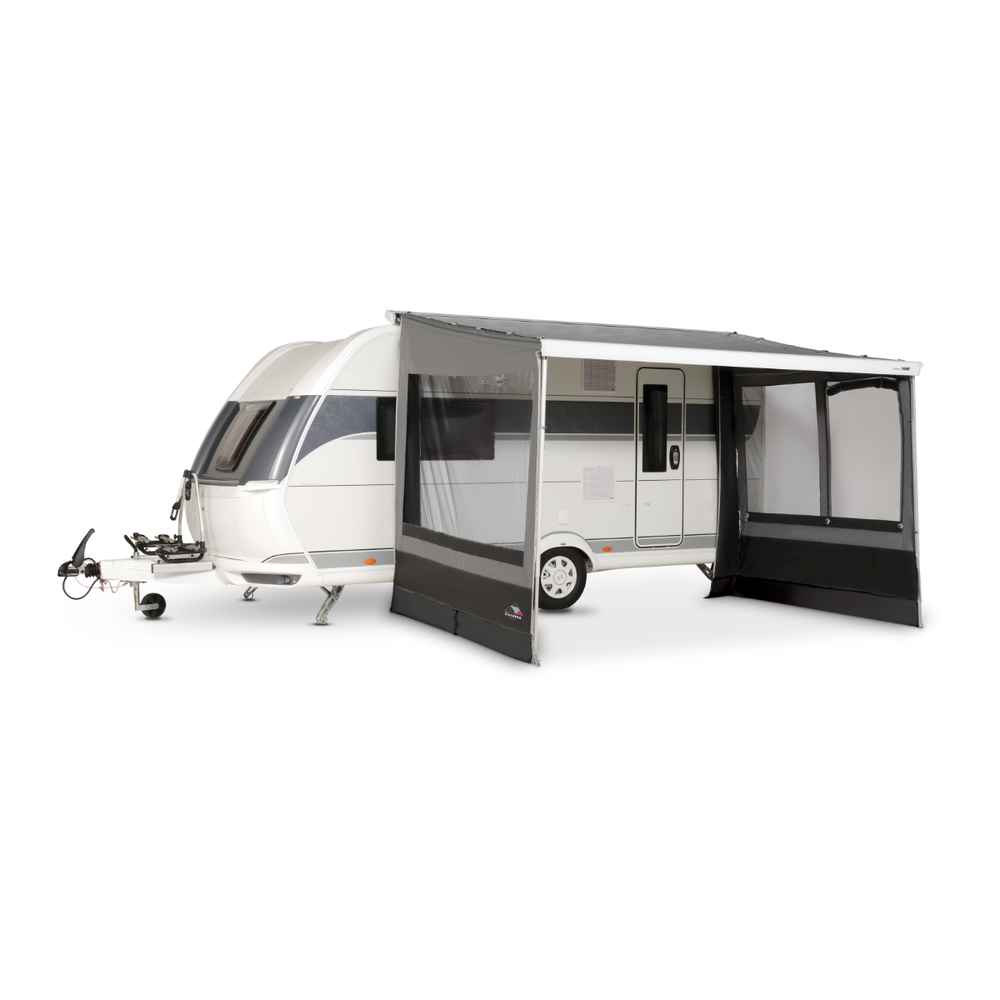 Dorema Contour attached to a white touring caravan, featuring grey side panels, a large front opening, and transparent window sections on a white background.