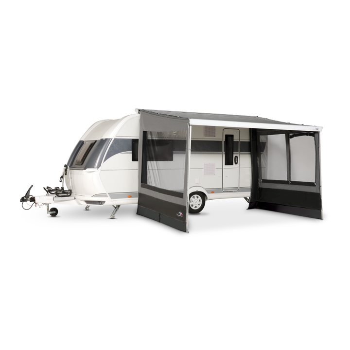 Dorema Contour attached to a white touring caravan, featuring grey side panels, a large front opening, and transparent window sections on a white background.