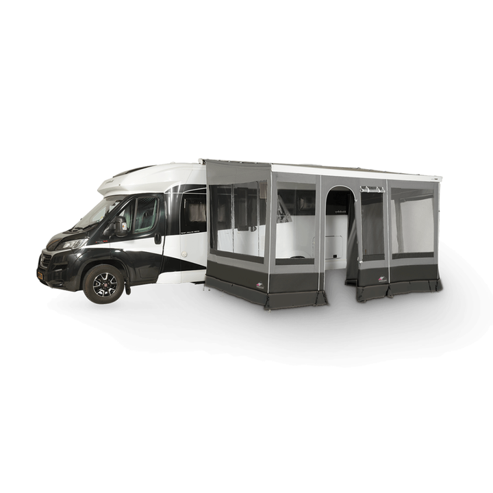 Dorema Contour Caravan Awning attached to a white motorhome, featuring grey fabric, large clear windows, and a side entrance on a transparent background.