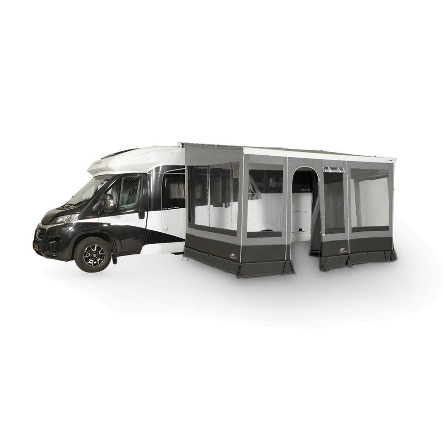 Dorema Contour Caravan Awning attached to a white motorhome, featuring grey fabric, large clear windows, and a side entrance on a transparent background.