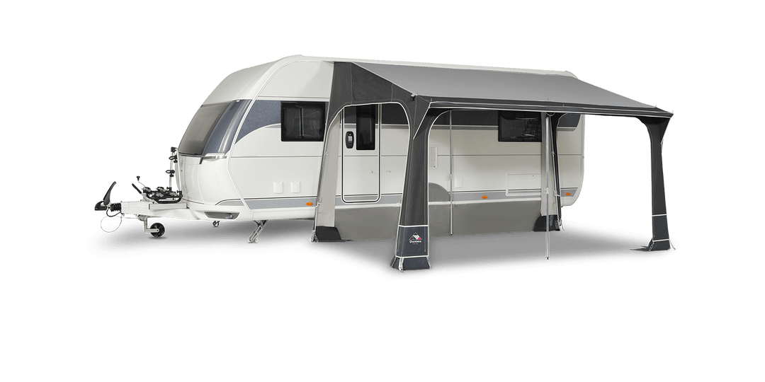 Dorema Quartz 400 De Luxe poled porch awning with full annex attached to caravan, showing window curtains and roof support structure on a transparent background.