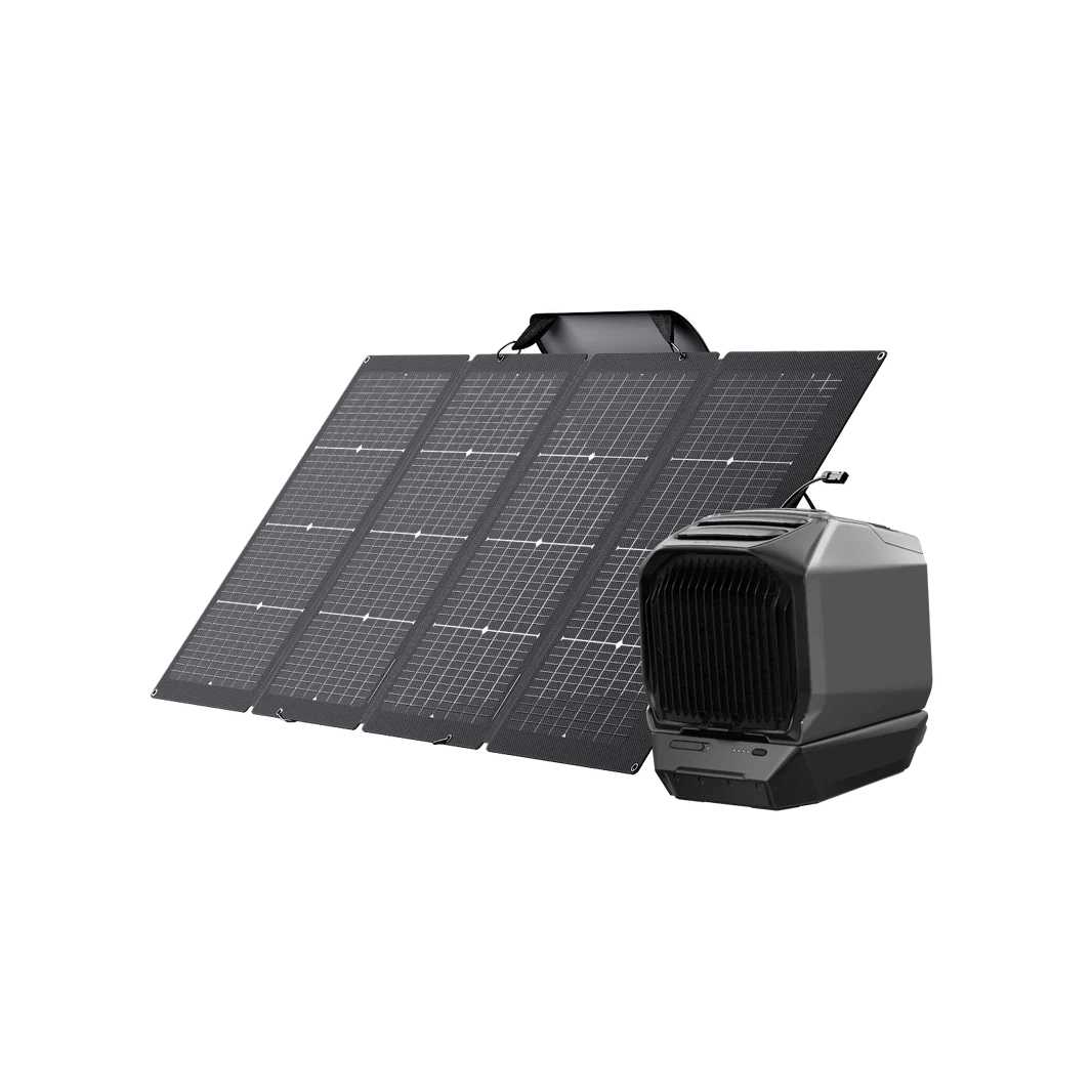 EcoFlow WAVE 3 portable air conditioner shown next to a bifacial solar panel with visible grid pattern,on a transparent background.