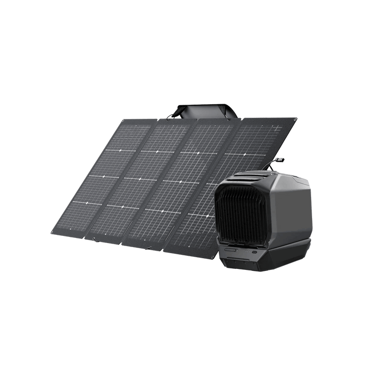 EcoFlow WAVE 3 portable air conditioner shown next to a bifacial solar panel with visible grid pattern,on a transparent background.