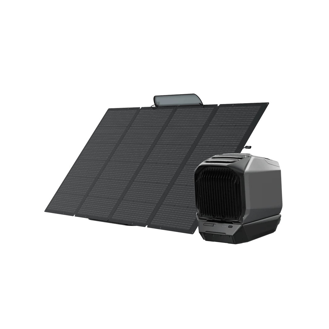EcoFlow WAVE 3 portable air conditioner positioned beside a foldable solar panel,  on a transparent background