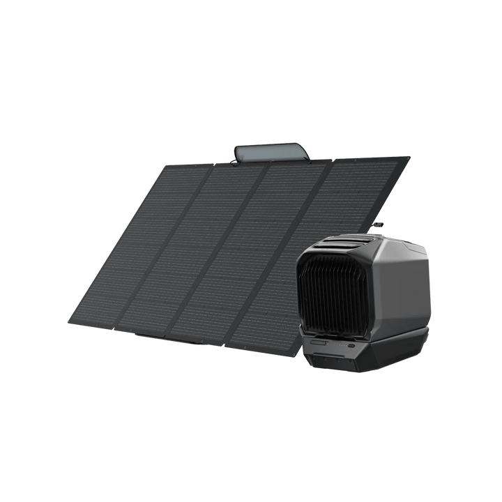 EcoFlow WAVE 3 portable air conditioner positioned beside a foldable solar panel,  on a transparent background