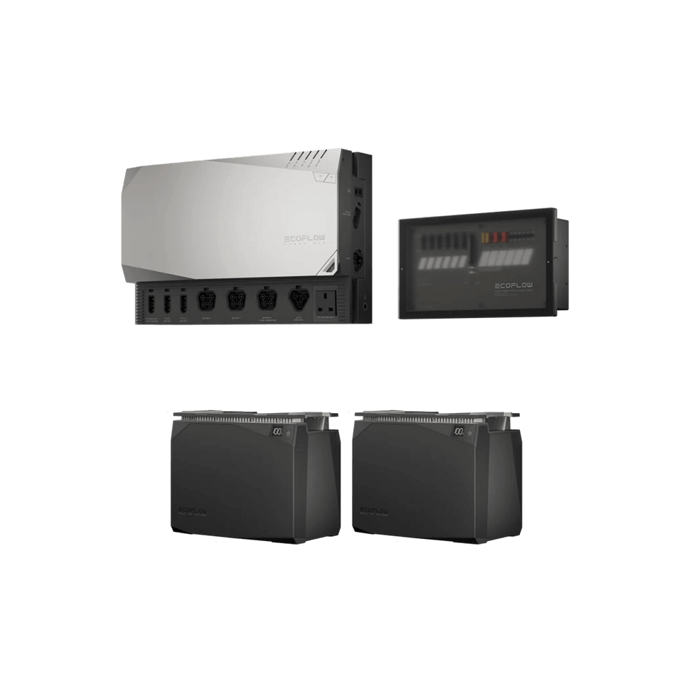 EcoFlow 4kWh Power Kit components including Power Hub, AC/DC Smart Distribution Panel, and two stackable batteries, on a plain transparent background