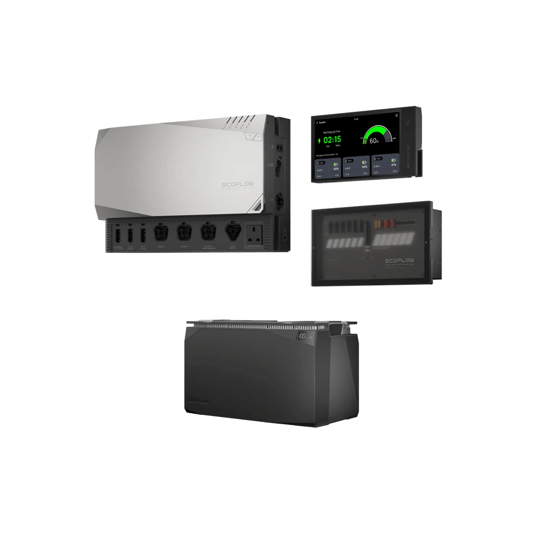 EcoFlow 5kWh Power Kit components including the Power Hub, Smart Distribution Panel, Smart Control Monitor, and a single 5kWh battery, with a transparent background.