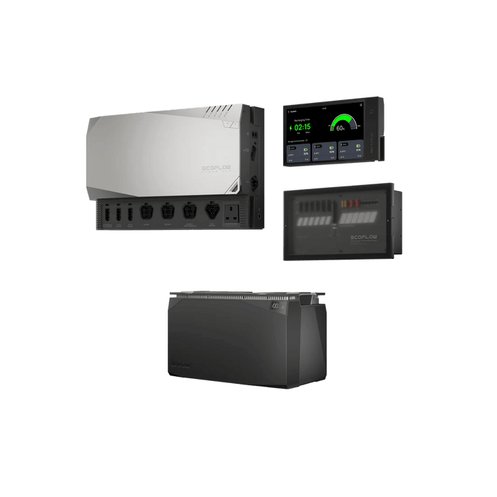 EcoFlow 5kWh Power Kit components including the Power Hub, Smart Distribution Panel, Smart Control Monitor, and a single 5kWh battery, with a transparent background.