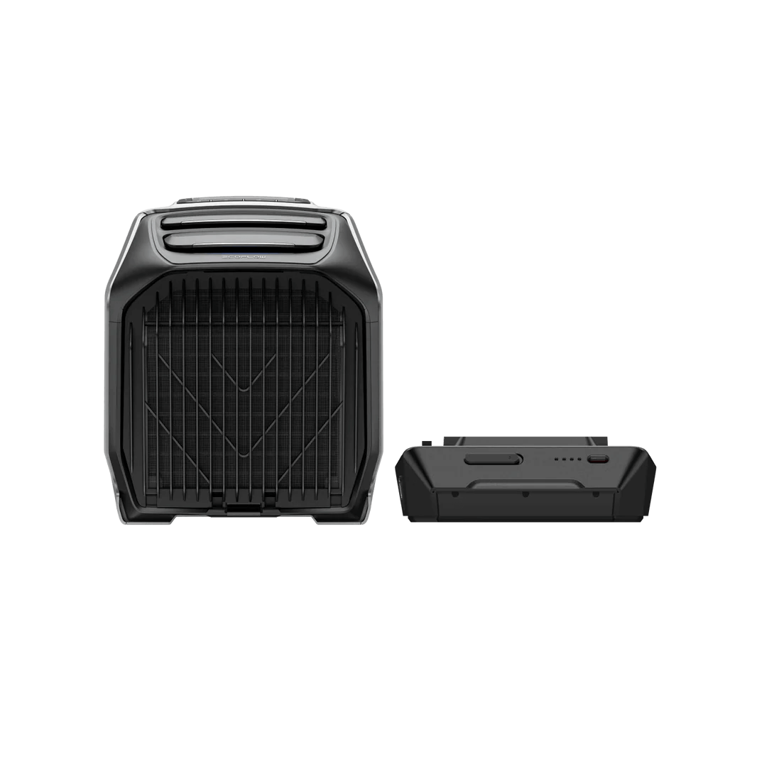 Front view of the EcoFlow WAVE 3 portable air conditioner with its detachable battery placed beside it, on a transparent background.