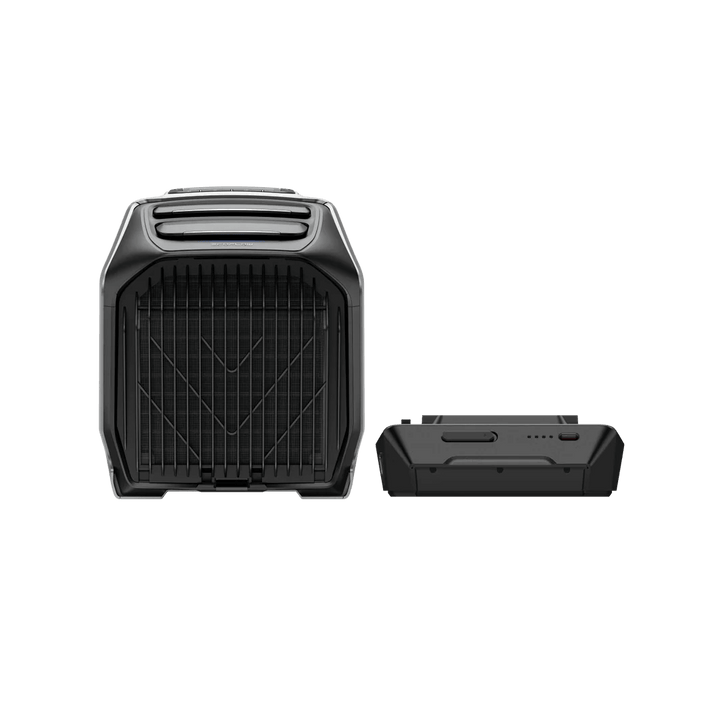 Front view of the EcoFlow WAVE 3 portable air conditioner with its detachable battery placed beside it, on a transparent background.