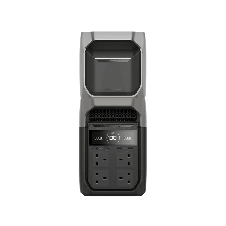 Front view of the EcoFlow DELTA 3 Series Portable Power Station stacked with a Smart Extra Battery, showing four AC outlets, USB ports, and a digital display reading 100%,, with a transparent background.