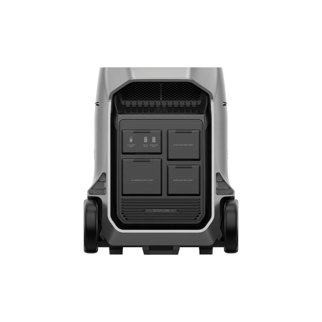 Back view of EcoFlow DELTA Pro 3 Portable Power Station showing power input and extra battery ports, with transparent background