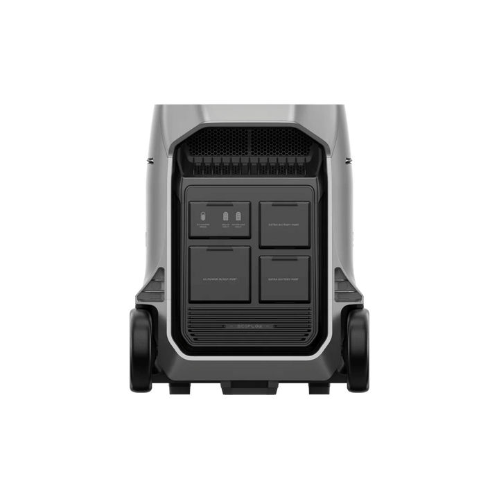 Back view of EcoFlow DELTA Pro 3 Portable Power Station showing power input and extra battery ports, with transparent background