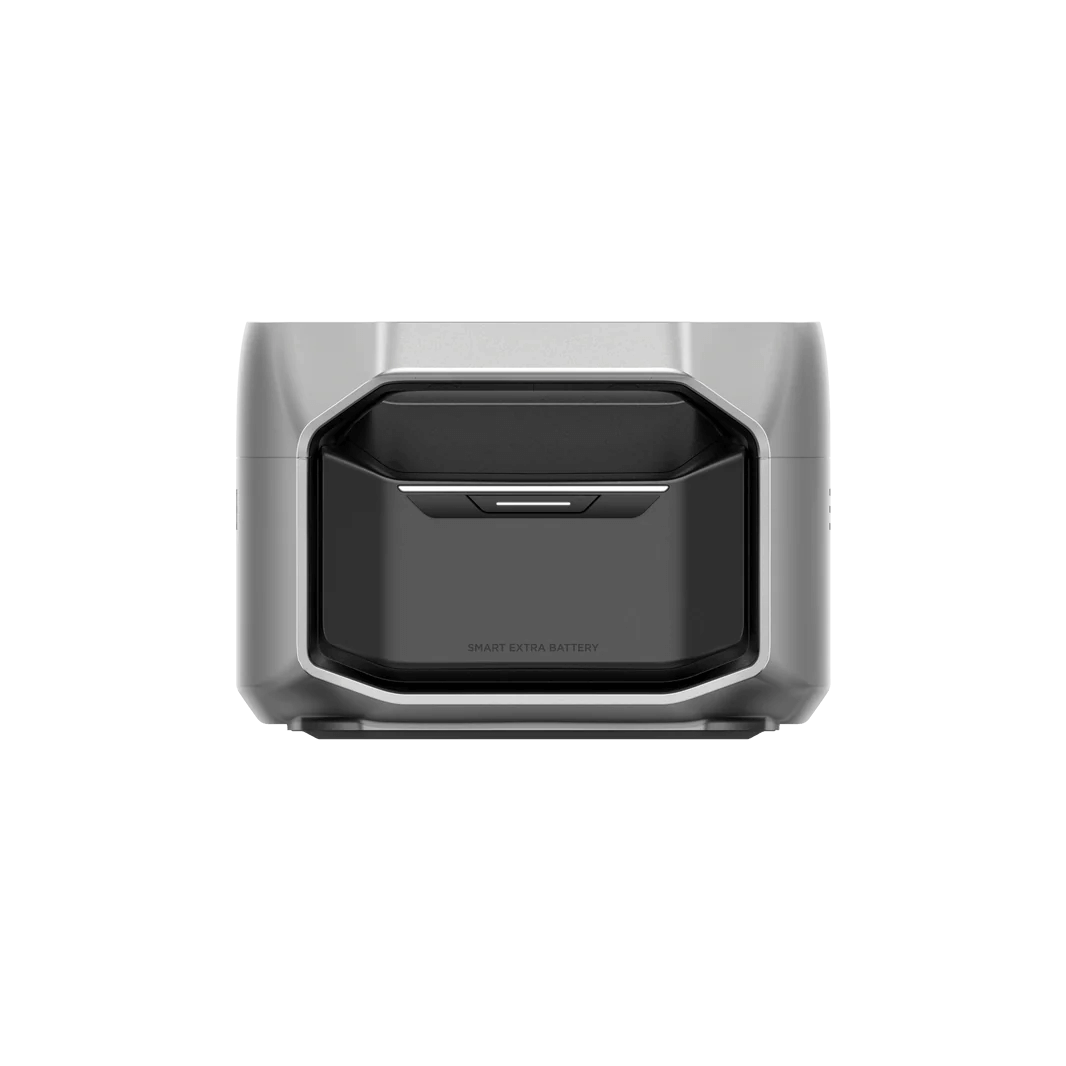 Rear view of the EcoFlow Smart Extra Battery showing the extra battery port, encased in a dark recessed panel, with transparent background.