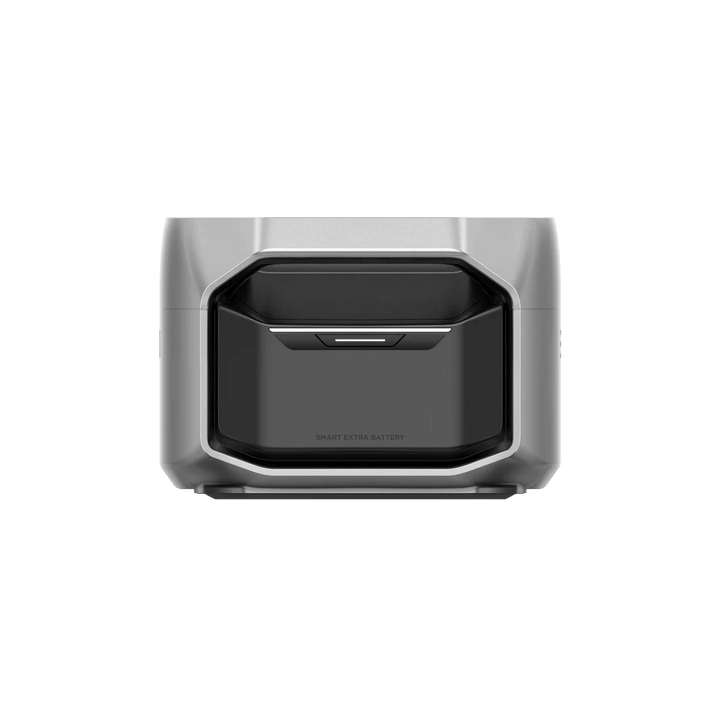 Rear view of the EcoFlow Smart Extra Battery showing the extra battery port, encased in a dark recessed panel, with transparent background.