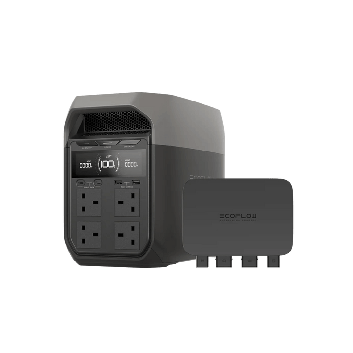Dark variant of the EcoFlow DELTA 3 Series with its automatic transfer switch accessory beside it, shown at an angle to highlight its front panel and sleek design, with a transparent background.