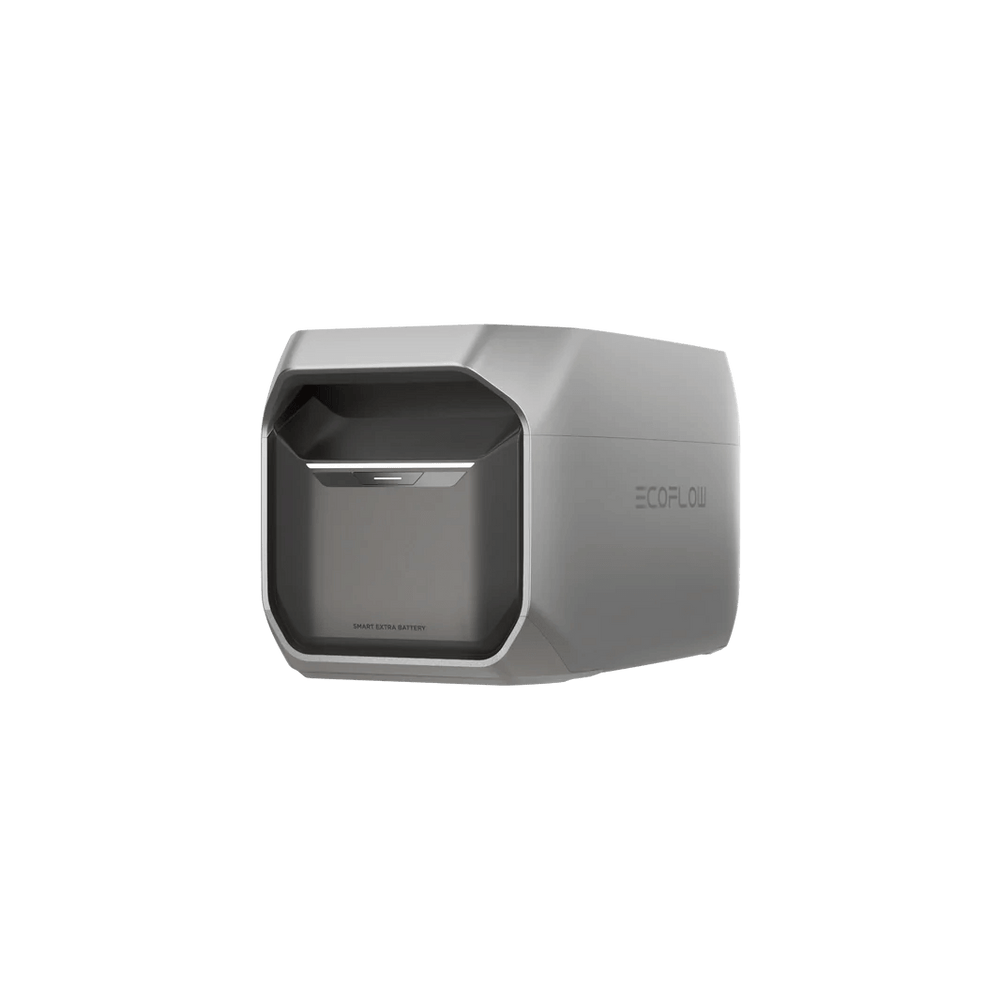 Isometric side view of the EcoFlow DELTA 3 Smart Extra Battery alone, without any accessories. The unit is angled to the left, showcasing its compact, modern design with the EcoFlow logo, in a transparent background.