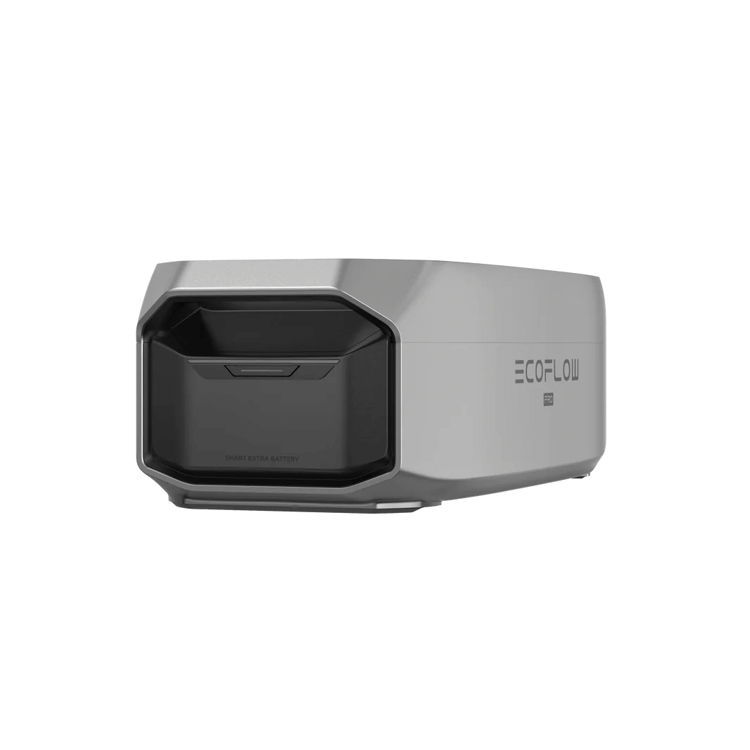 Side-angled view of a single EcoFlow DELTA Pro 3 Smart Extra Battery, showing the battery latch and “Smart Extra Battery” label, with plain transparent background.