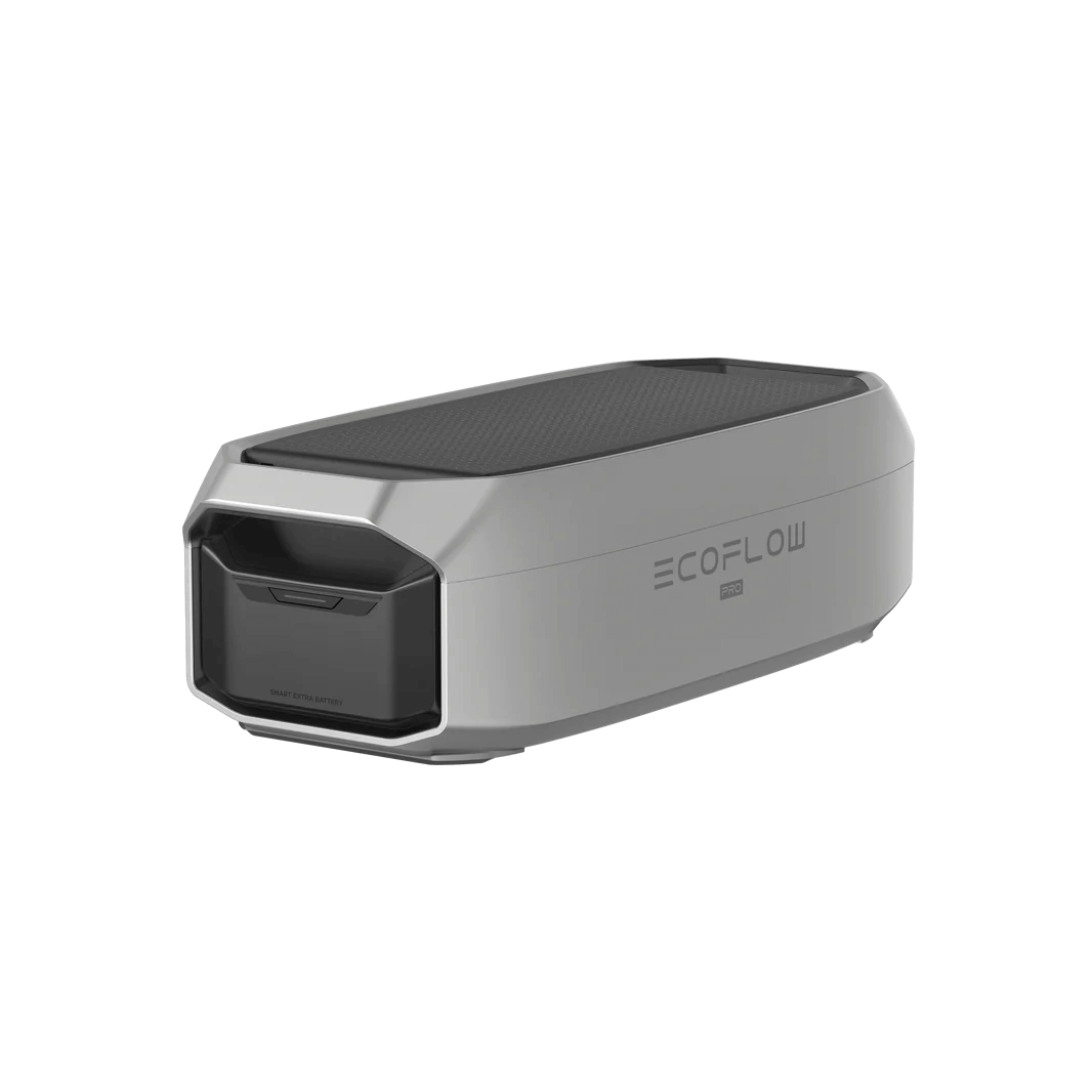  Angled top-side view of the EcoFlow DELTA Pro 3 Smart Extra Battery, featuring a black textured top and visible handle latch,with plain transparent background.