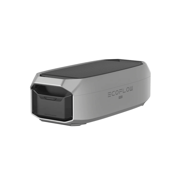  Angled top-side view of the EcoFlow DELTA Pro 3 Smart Extra Battery, featuring a black textured top and visible handle latch,with plain transparent background.