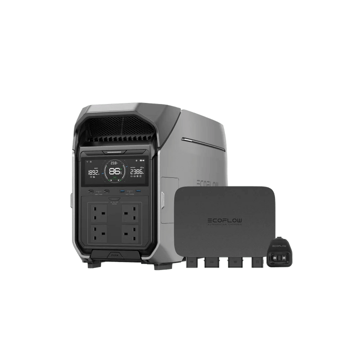 EcoFlow DELTA Pro 3 shown with Smart Home Panel accessory in front, with transparent background