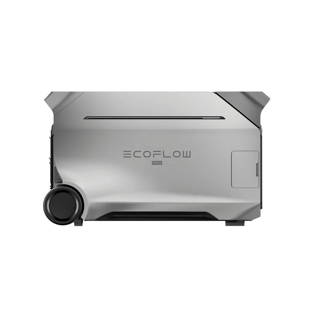 Side view of EcoFlow DELTA Pro 3 Portable Power Station with wheels and side panel, with a transparent background