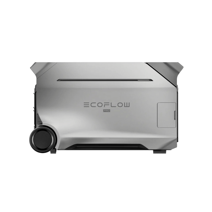 Side view of EcoFlow DELTA Pro 3 Portable Power Station with wheels and side panel, with a transparent background